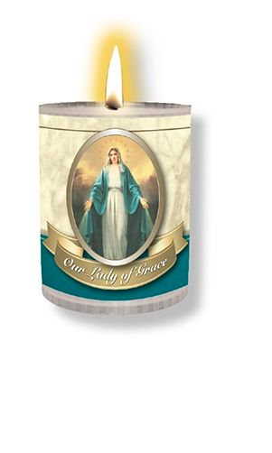 4 x Our Lady of Grace Candles Burns for 24 Hours Picture on The Front Praye