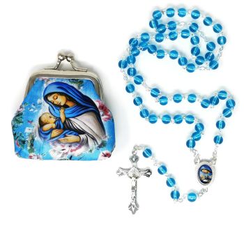 Round blue glass Madonna and Child Mary Jesus rosary beads in purse