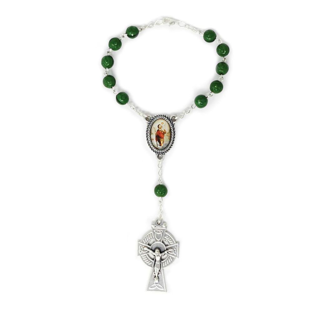 Irish green shamrock car rosary beads decade celtic crucifix St. Christophe