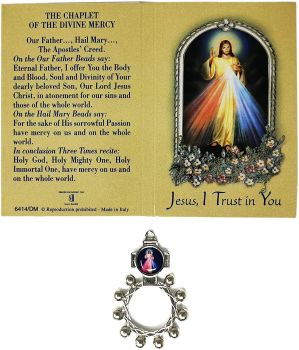 Divine Mercy silver metal rosary ring beads 5cm with Chaplet prayer