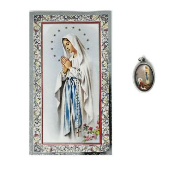 Catholic silver colour metal 2.5cm Our Lady of Lourdes medal pendant and prayer