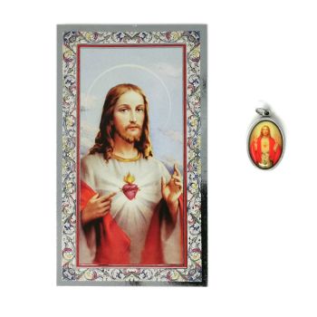 Catholic silver colour metal 2.5cm Sacred Heart of Jesus medal pendant and prayer 