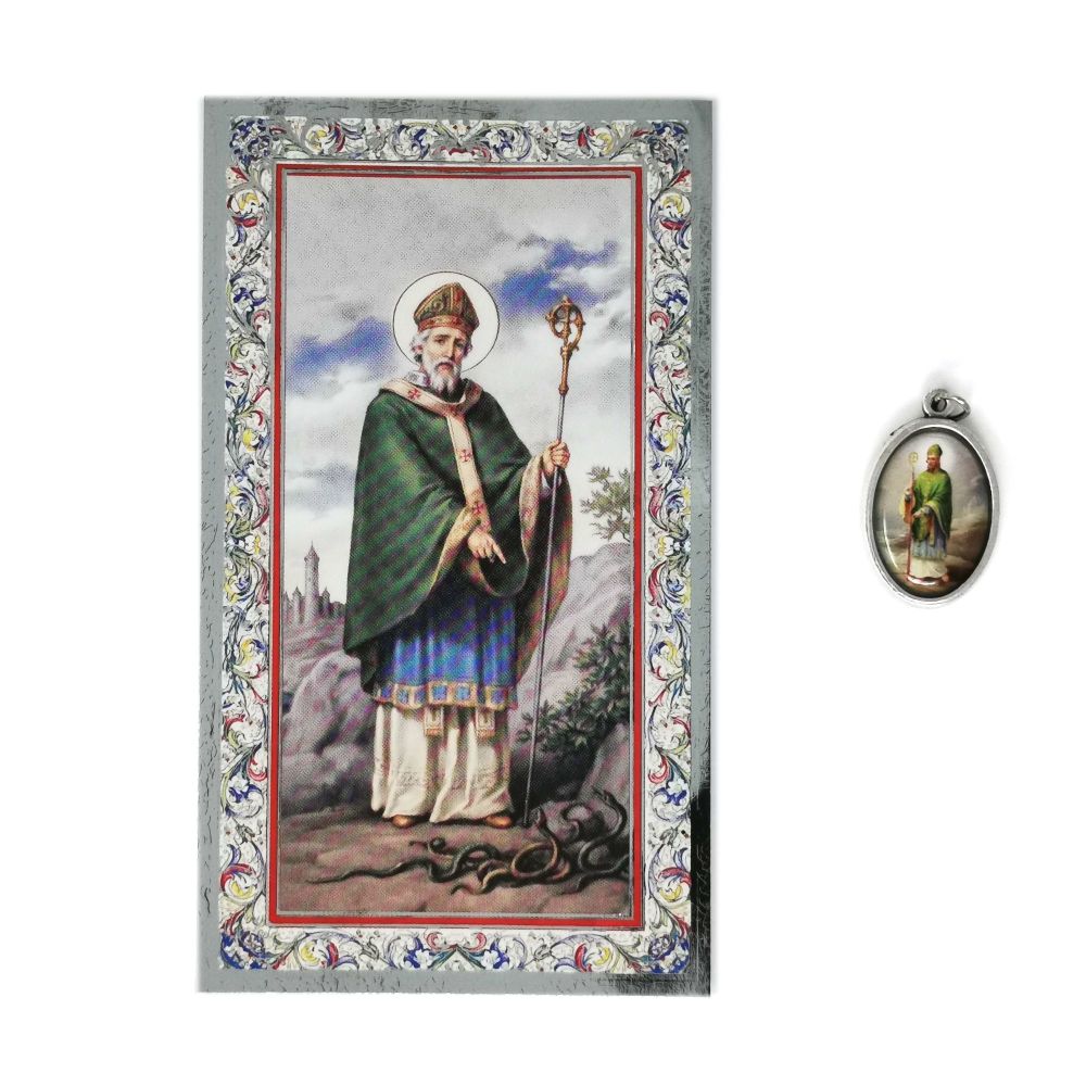 Catholic silver colour metal 2.5cm St. Patrick medal pendant and prayer 