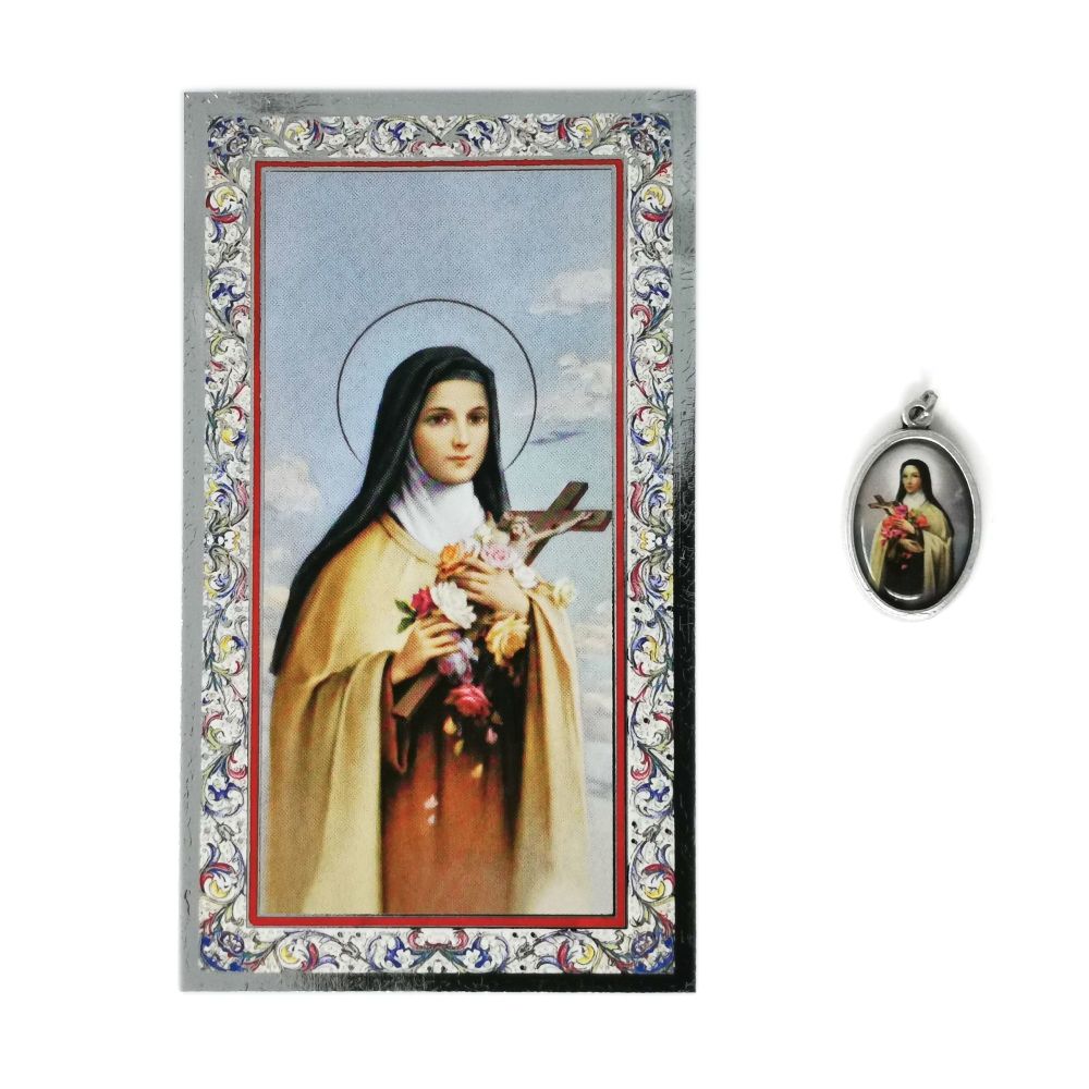 Catholic silver colour metal 2.5cm St. Therese medal pendant and prayer 