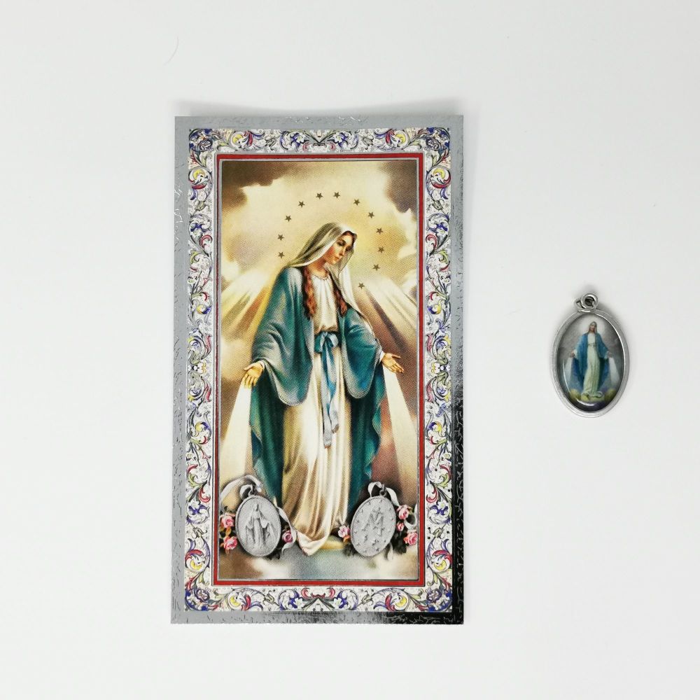 Catholic silver colour metal 2.5cm Miraculous Mary medal pendant and prayer