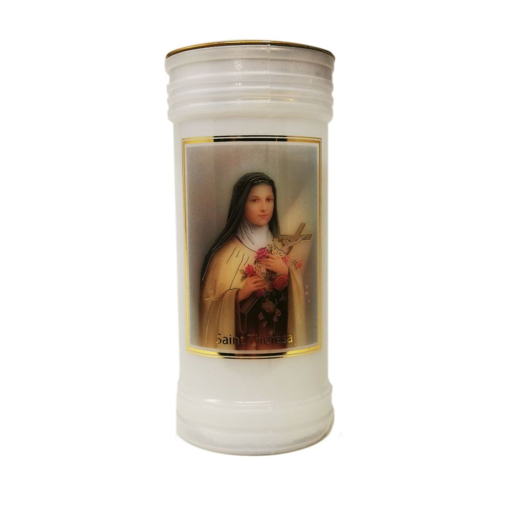 Catholic St. Theresa Little Flower candle 72 hour burn white 15cm with pray