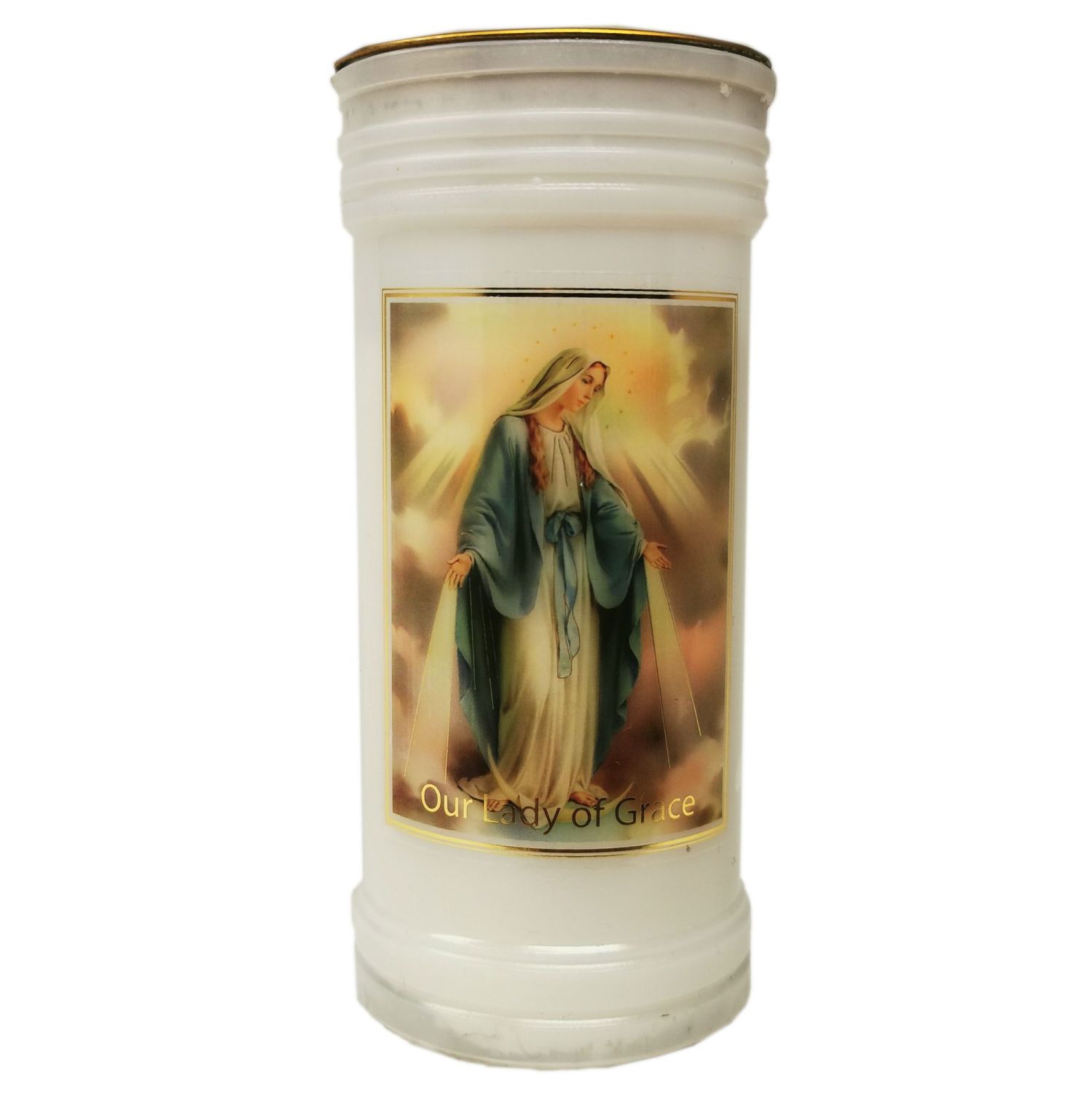 Catholic Our Lady of Grace Virgin Mary candle 72 hour burn white 15cm
