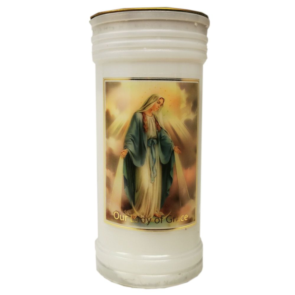 Catholic Our Lady of Grace Virgin Mary candle 72 hour burn white 15cm with 