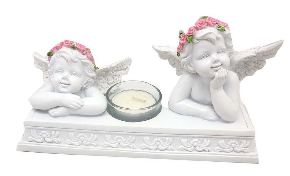  Angel cherubs tealight candle holder white rose flower design 22cm 