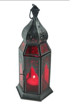  Antique style metal red glass lantern candle holder tea light votive 24cm 