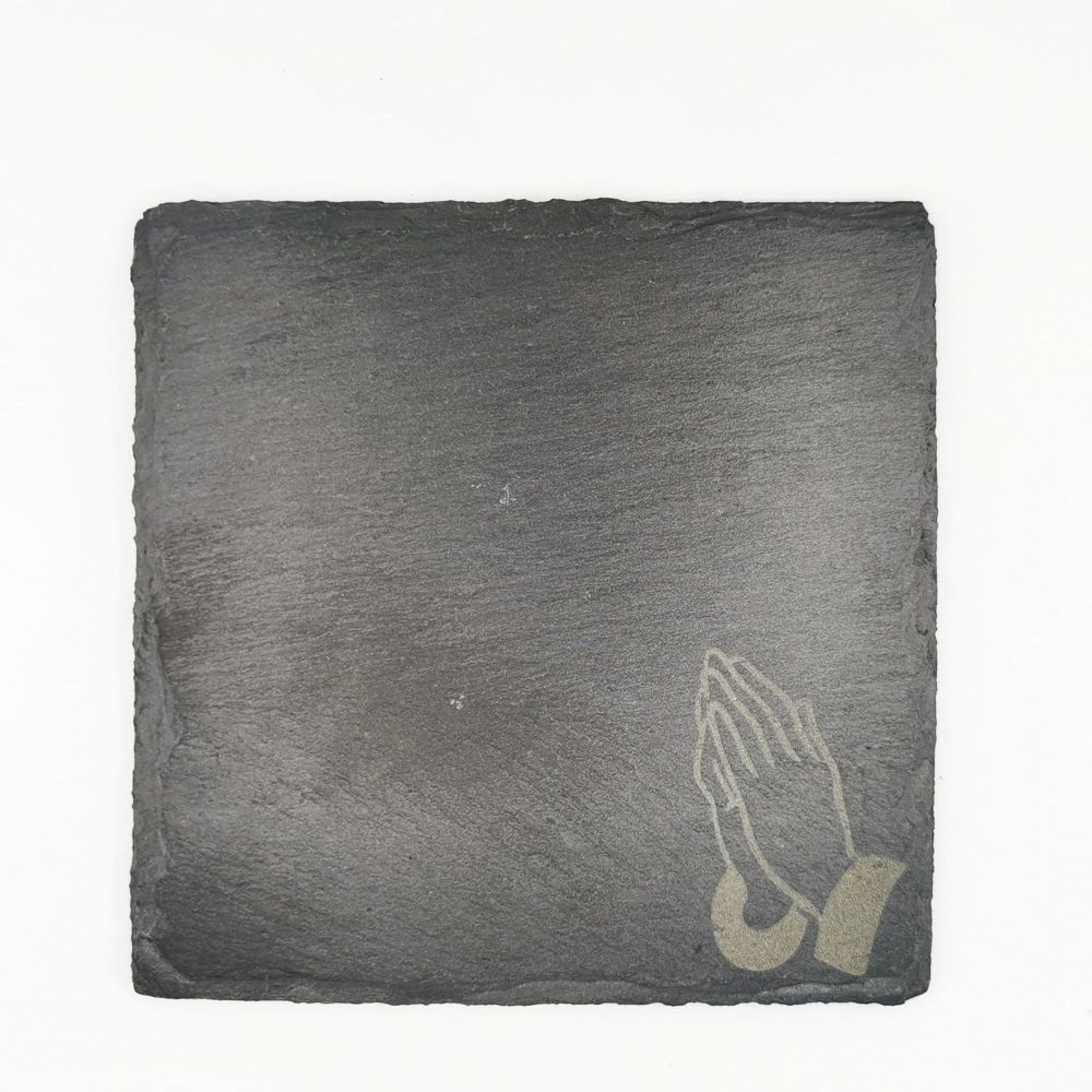  Laser engraved praying hands coaster square 10cm padded feet gift 