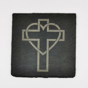  Laser engraved heart cross coaster square 10cm padded feet Christian gift 