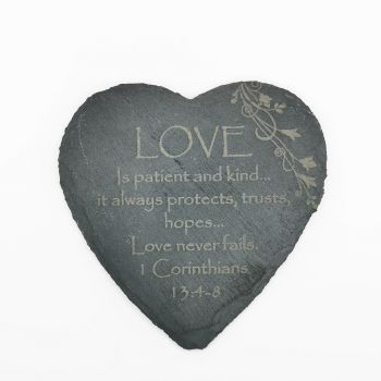 Corinthians Love is patient coaster heart shaped slate laser engraved 10cm padded feet Christian gift 