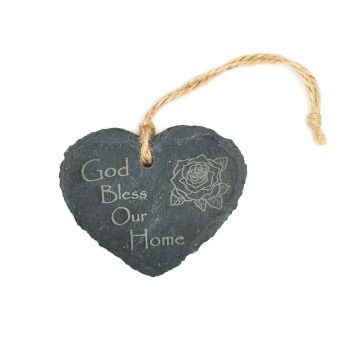 God Bless Our Home slate heart hanging lasered Christian gift with rose design 6cm 