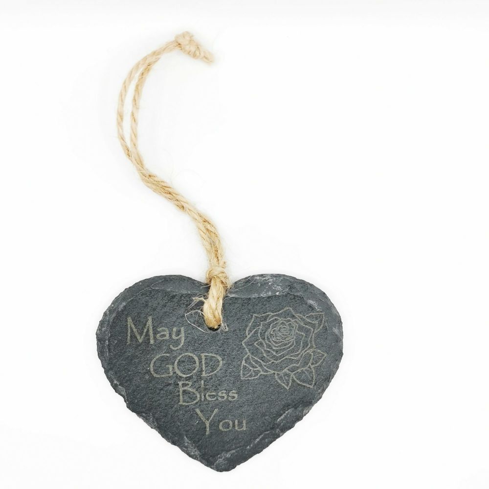 May God Bless you slate heart hanging lasered Christian gift with rose desi