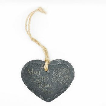 May God Bless you slate heart hanging lasered Christian gift with rose design 6cm 
