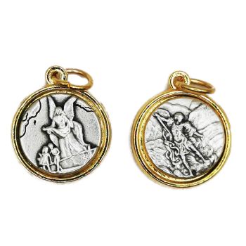 St. Michael and Guardian angel medal in brass and silver tone 1.8cm 