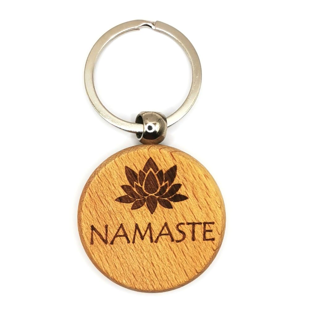 Namaste keyring with lotus flower lasered wood keychain 7cm