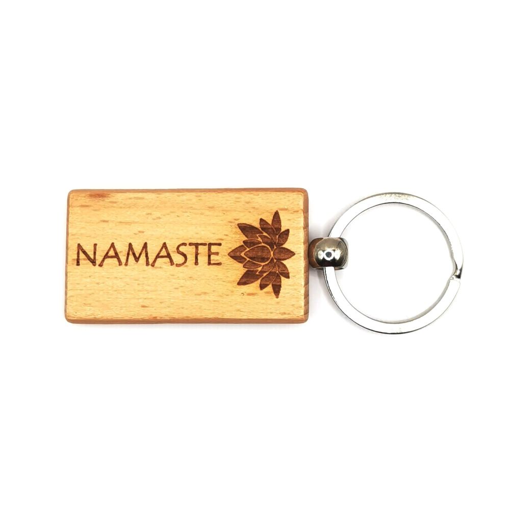 Namaste keyring with lotus blossom flower lasered wood rectangular keychain