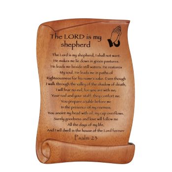 The Lord is my Shepherd wooden scroll plaque 15cm Praying hands image