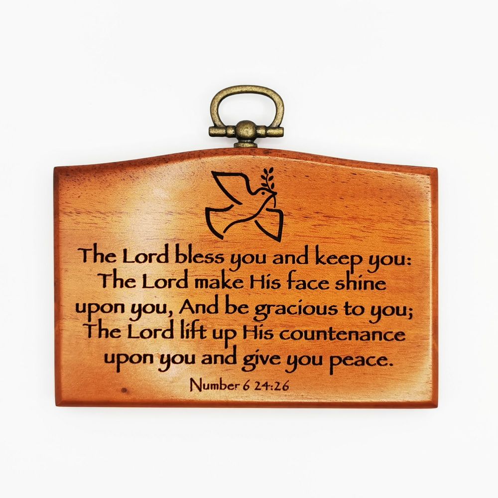 The Lord bless you plaque 9.5cm mahogany wood brass hook holy peace dove im