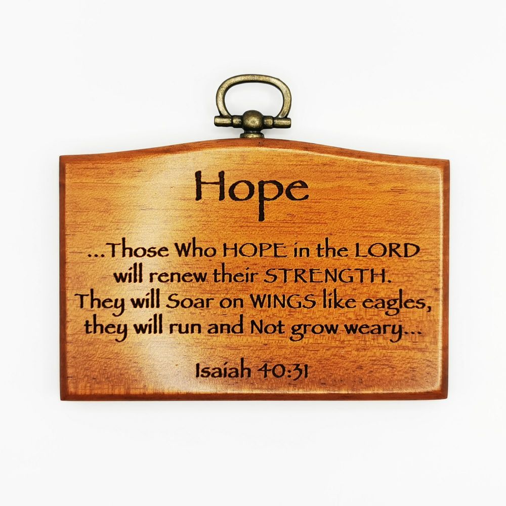 Hope in the Lord plaque 9.5cm mahogany wood brass hook Isaiah 40:31 wall ha
