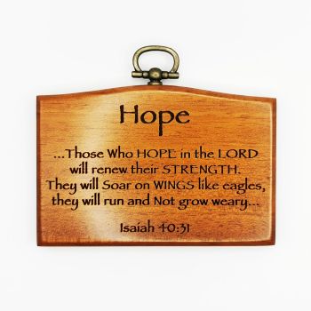 Hope in the Lord plaque 9.5cm mahogany wood brass hook Isaiah 40:31 wall hanging