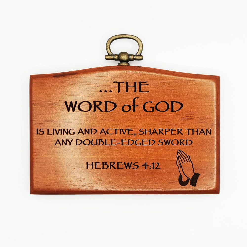 The word of God plaque 9.5cm mahogany wood brass hook Hebrews 4:12 wall han