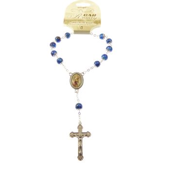 Silver chain blue marble style single decade pocket car rosary beads St. Christopher
