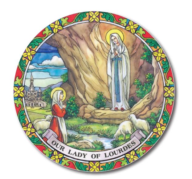 Our Lady of Lourdes suncatcher stained glass window sticker reusable 6 inch