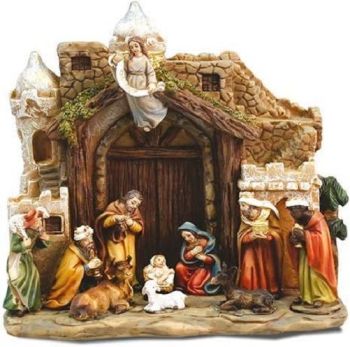 Traditional Nativity Scene outside the Inn made of resin