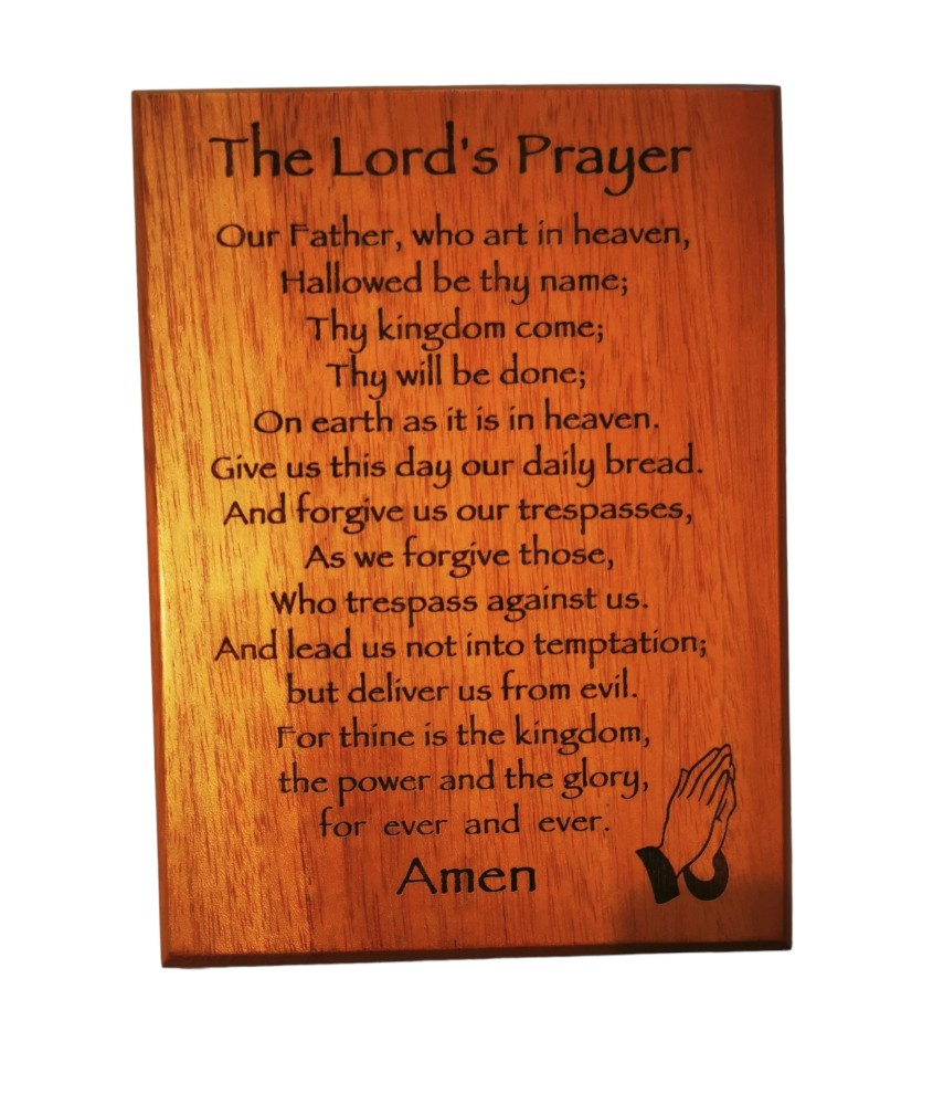The Lord's Prayer mahogany wall hanging plaque 15.8cm praying hands lasered