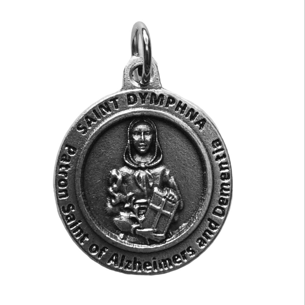 Saint Dymphna silver colour medal 2cm Patron of alzheimers and dementia Cat