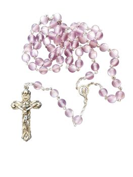 Pink lilac pearly finish round 8mm long rosary beads in gift box