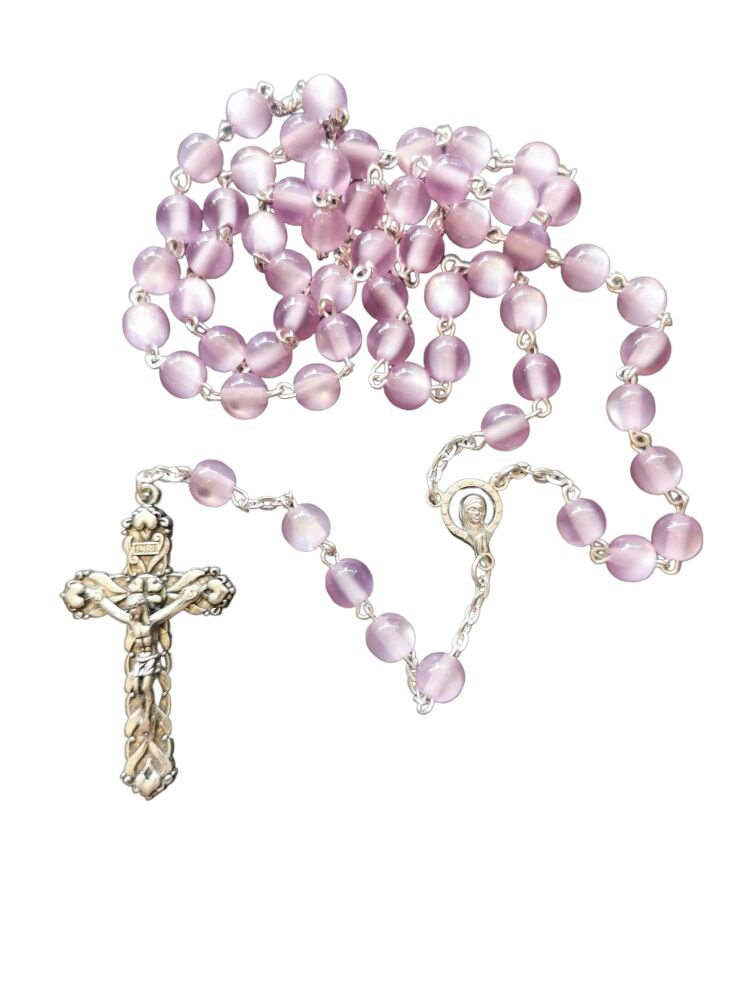 Purple lilac pearly finish round 8mm long rosary beads in gift box