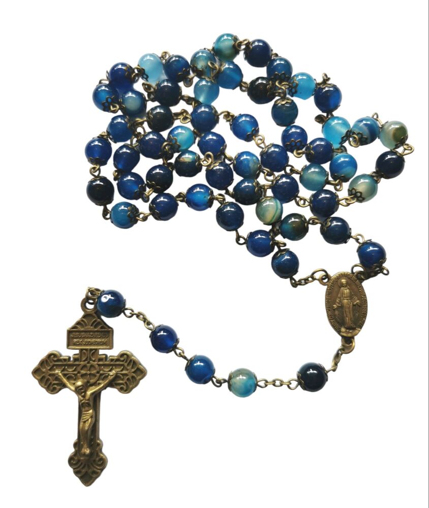 Blue agate rosary beads striped stone bronze metal large long 8mm beads