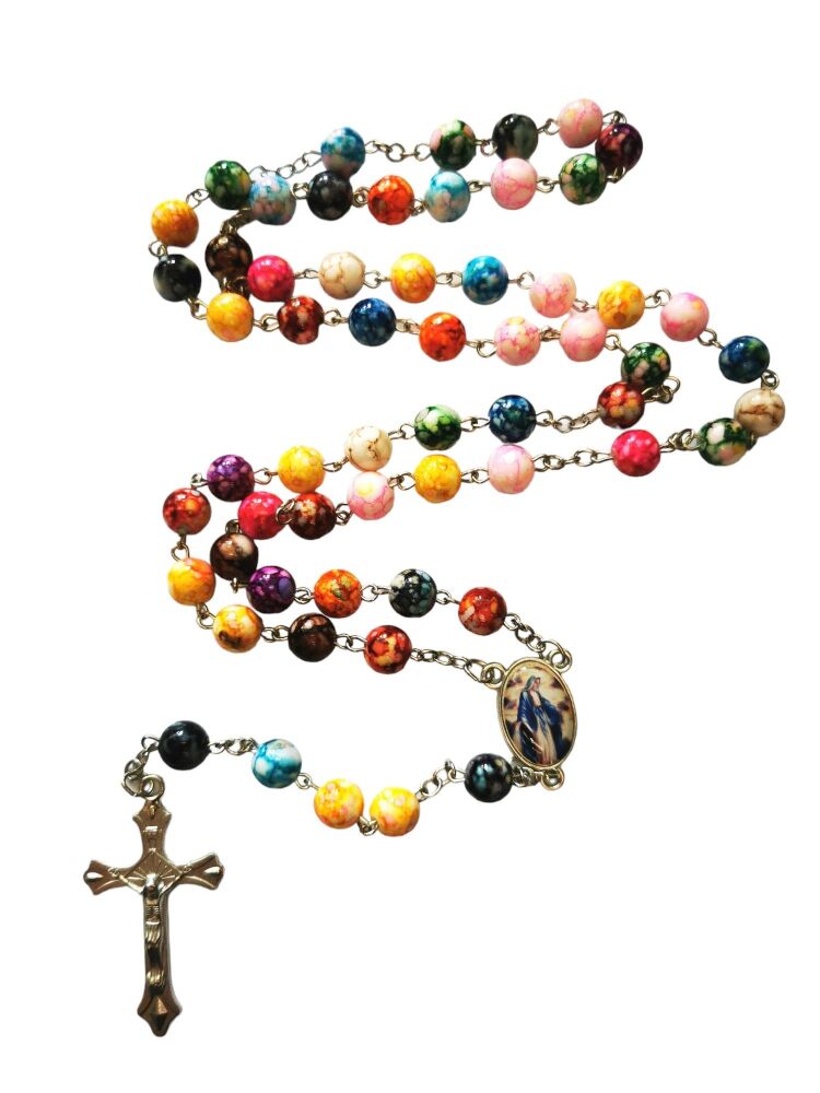 Rainbow rosary beads marble effect Miraculous centre plastic rosary 8mm bea