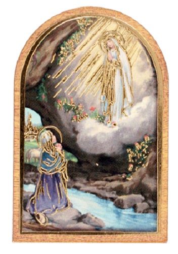 Our Lady of Lourdes fridge magnet standing or sticking wood plaque small 4.