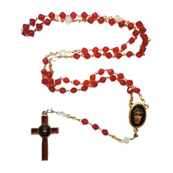 Precious blood of Christ red glass bicone Sacred face of Jesus rosary beads