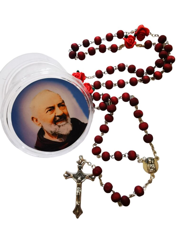 St. Padre Pio red rosary beads scented in box Catholic gift rose flower pat