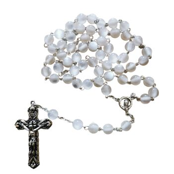 White pearly finish round 8mm long rosary beads in gift box