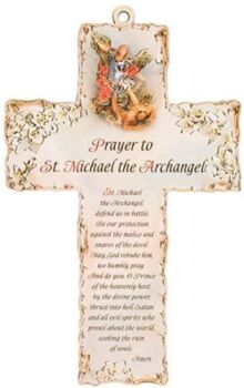 Catholic Prayer to St. Michael the archangel 15cm wood cross hanging laser cut
