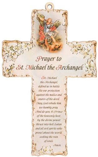 Catholic Prayer to St. Michael the archangel 15cm wood cross hanging laser 
