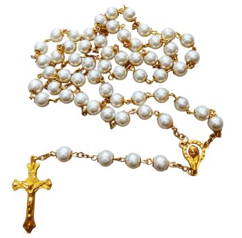 Pearl effect rosary beads white filigree gold chain large Catholic