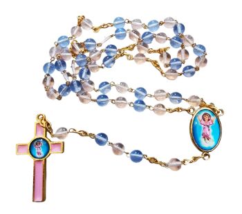Divine Child rosary beads blue pink round glass gold chain Catholic Jesus