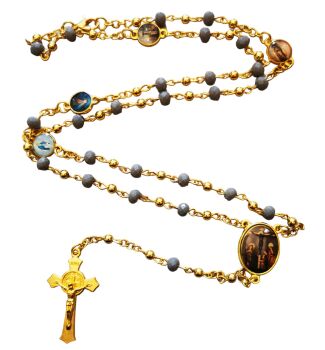 Grey Saints rosary beads on gold chain with clasp Mercy Miraculous