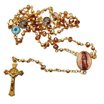 Topaz colour Saints rosary beads on gold chain with clasp Mercy Miraculous