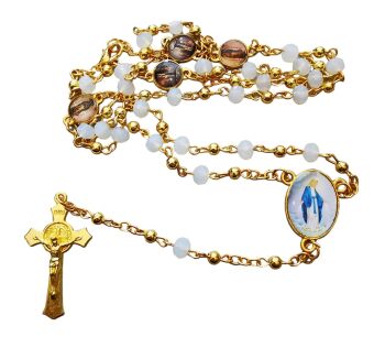 White glass Saints rosary beads on gold chain with clasp Mercy Miraculous