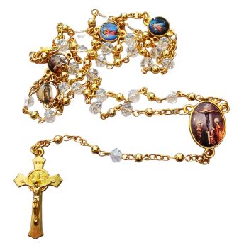 Clear glass Saints rosary beads on gold chain with clasp Mercy Miraculous