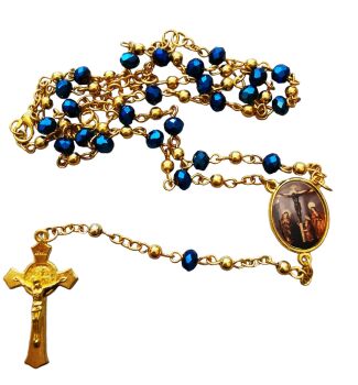 Blue glass Saints rosary beads on gold chain with clasp Mercy Miraculous